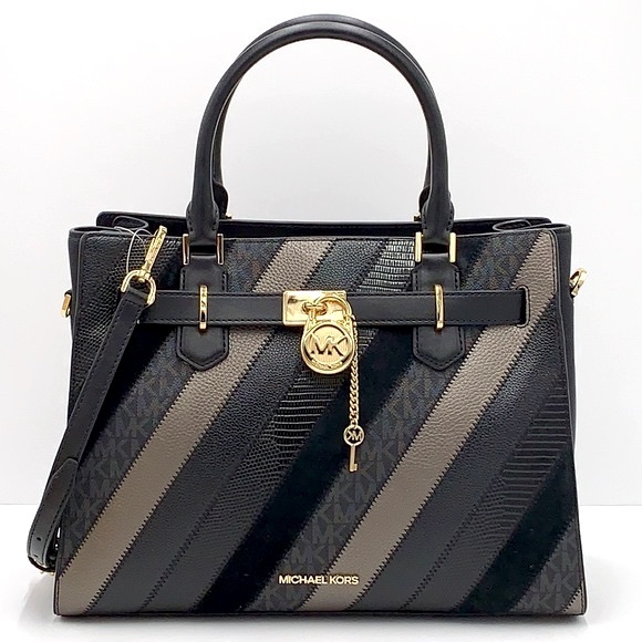 Michael Kors Hamilton Meidum Satchel Shoulder Crossbody Bag Black Multi color - Picture 3 of 16